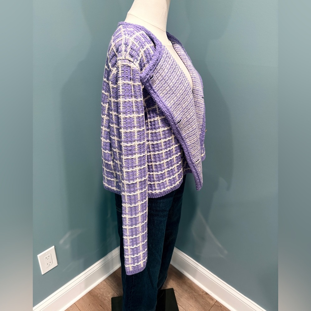 Ann Taylor Lavender Tweed Knit Cardigan Women’s Medium Cropped Button Jacket - Picture 4 of 10